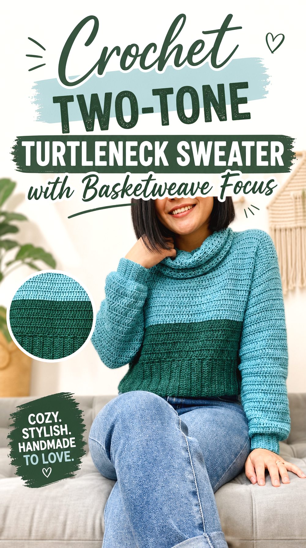 Crochet Two Tone Turtleneck Sweater with Basketweave Focus