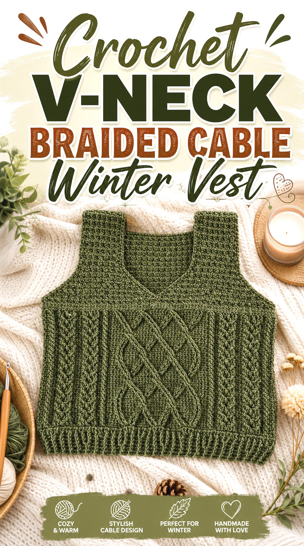 Crochet V Neck Braided Cable Winter Vest