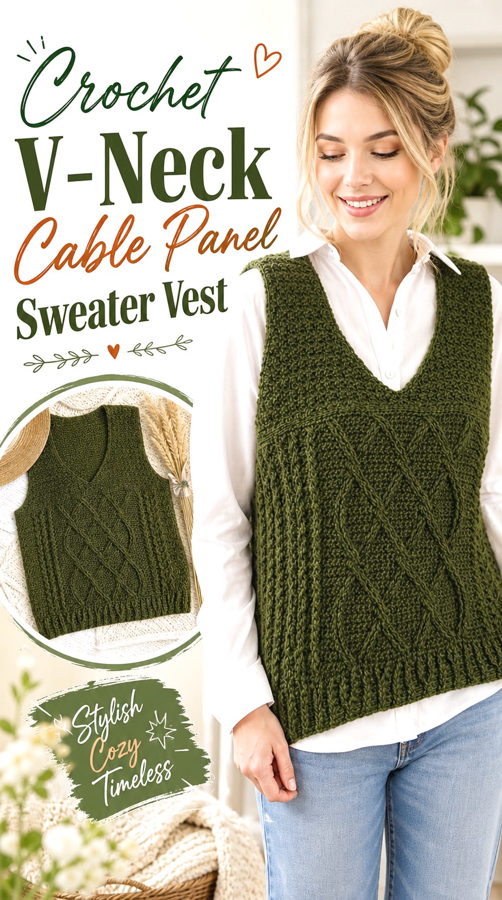 Crochet V Neck Cable Panel Sweater Vest
