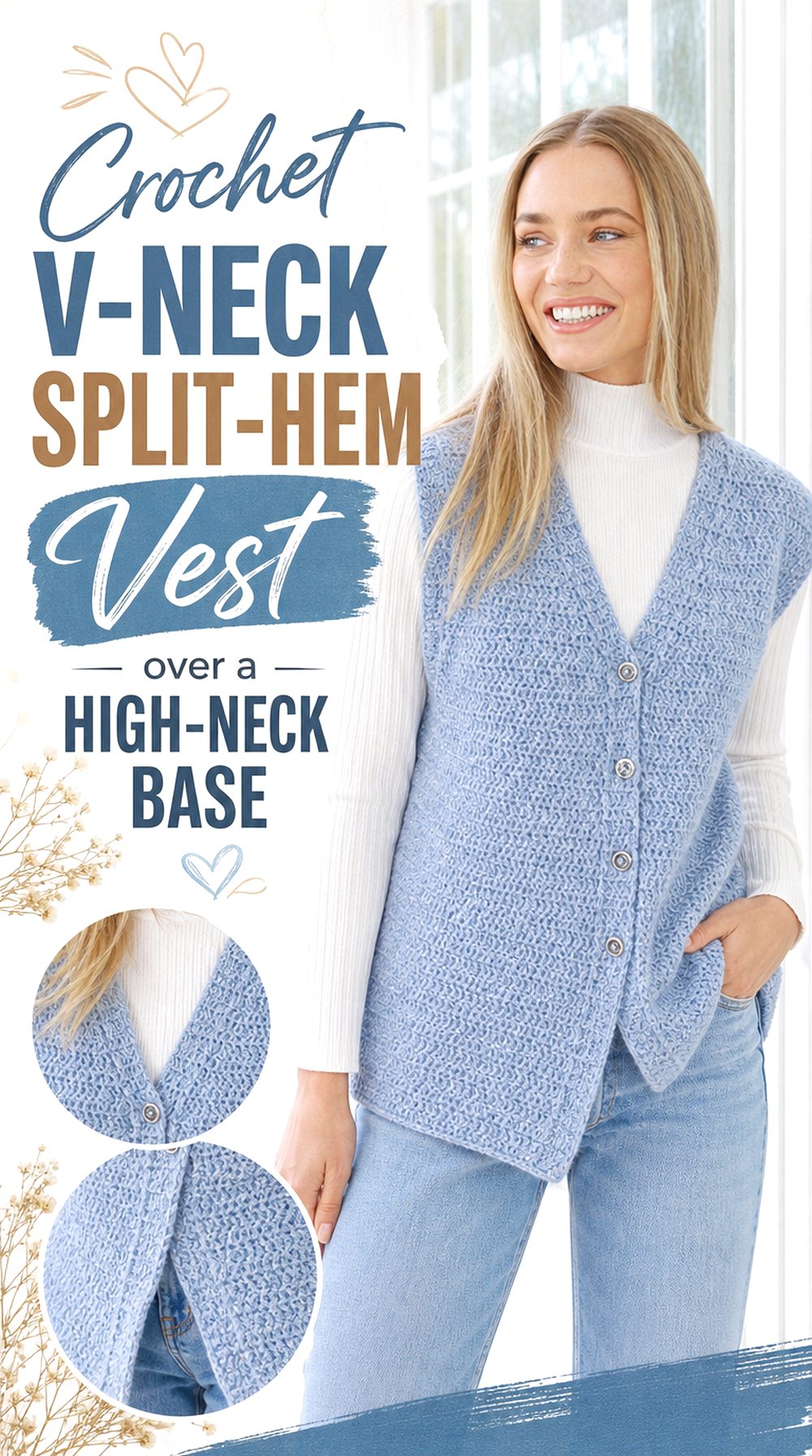 Crochet V Neck Split Hem Vest over a High Neck Base