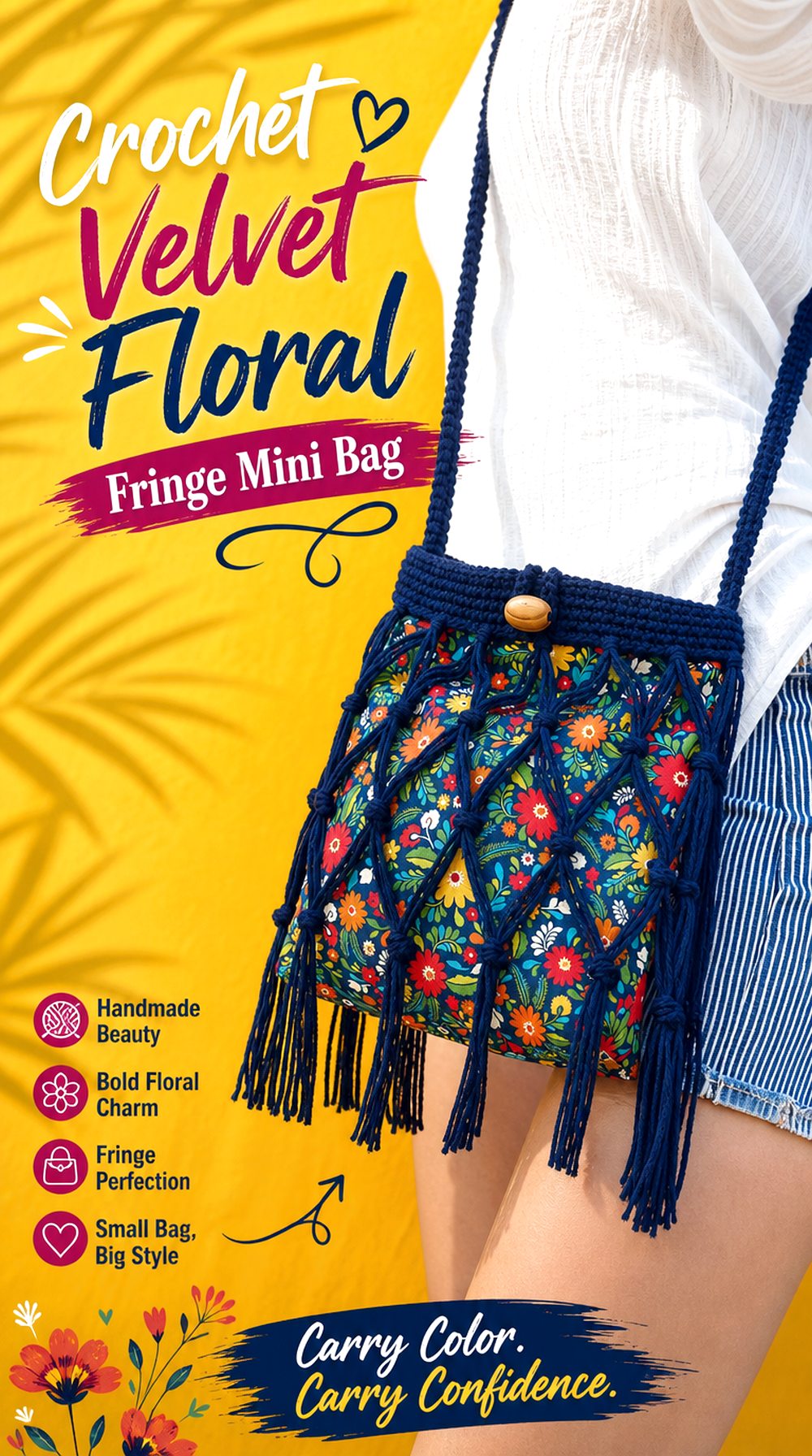 Crochet Velvet Floral Fringe Mini Bag