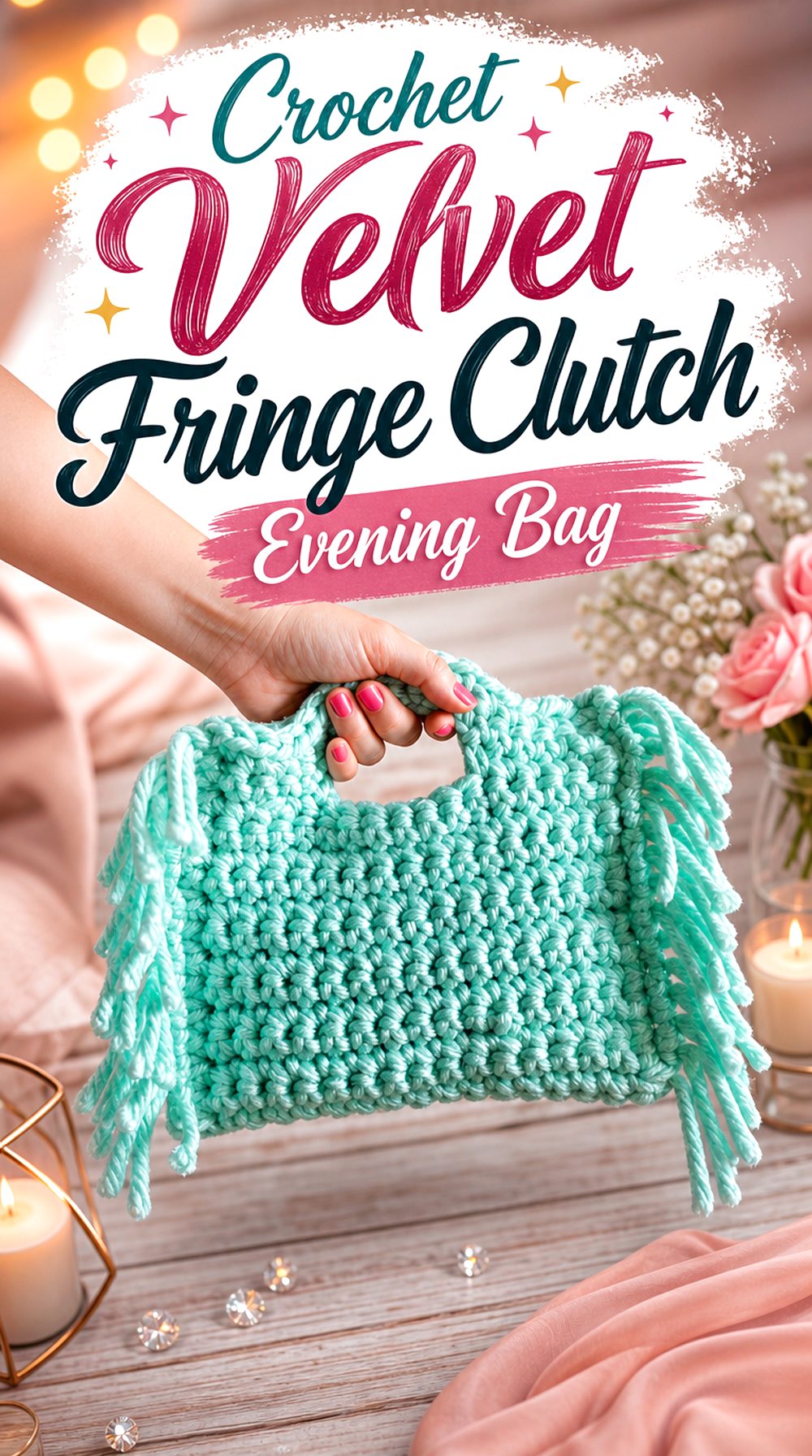 Crochet Velvet Fringe Clutch Evening Bag