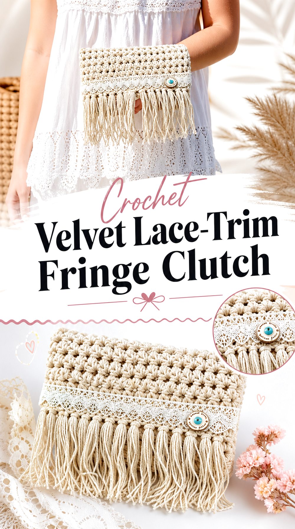 Crochet Velvet Lace Trim Fringe Clutch