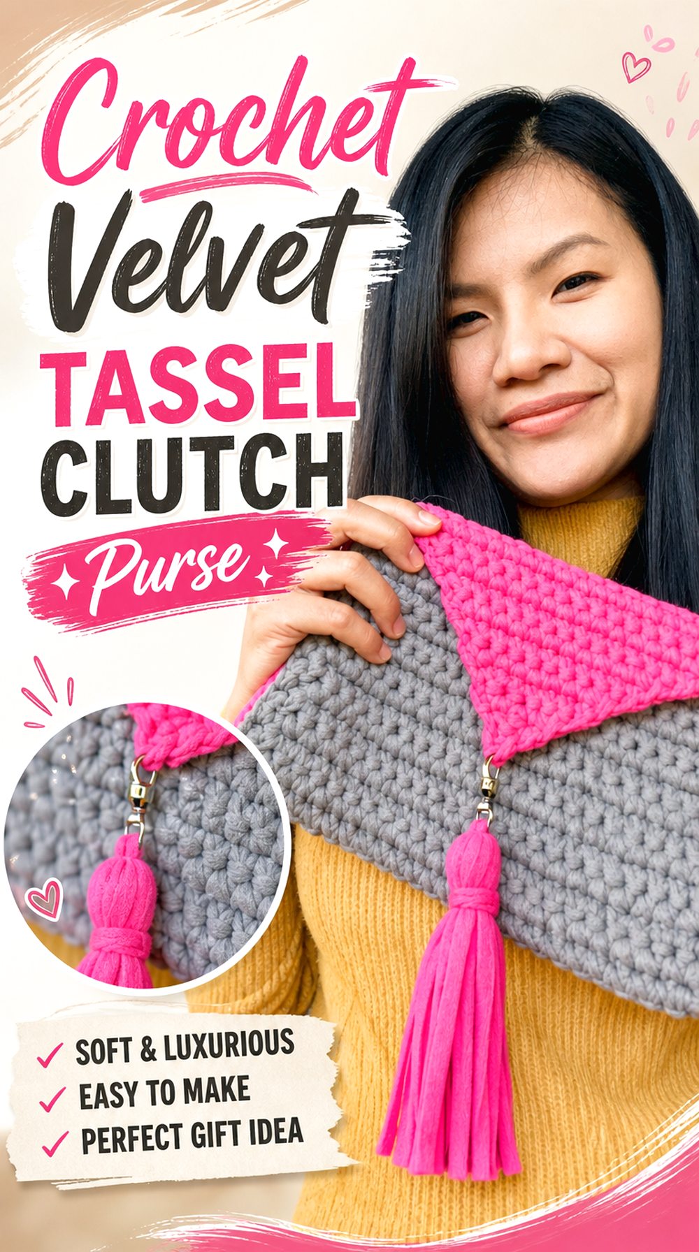 Crochet Velvet Tassel Clutch Purse