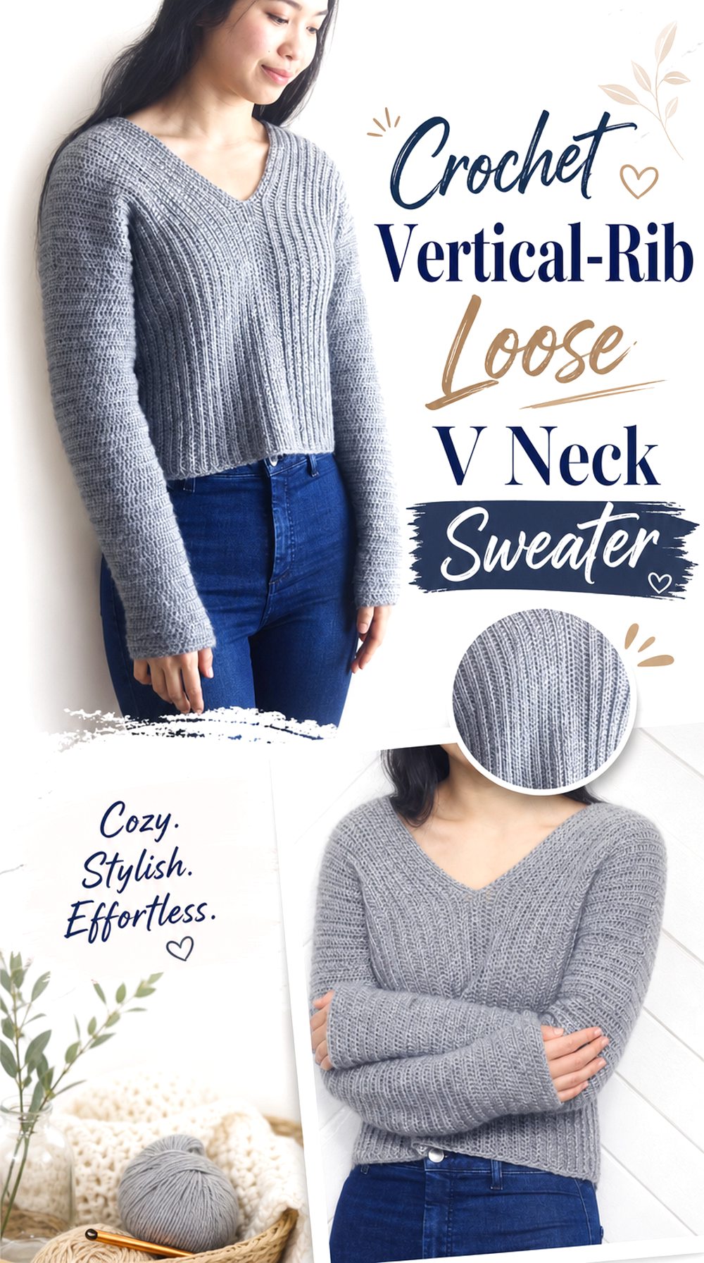 Crochet Vertical Rib Loose V Neck Sweater