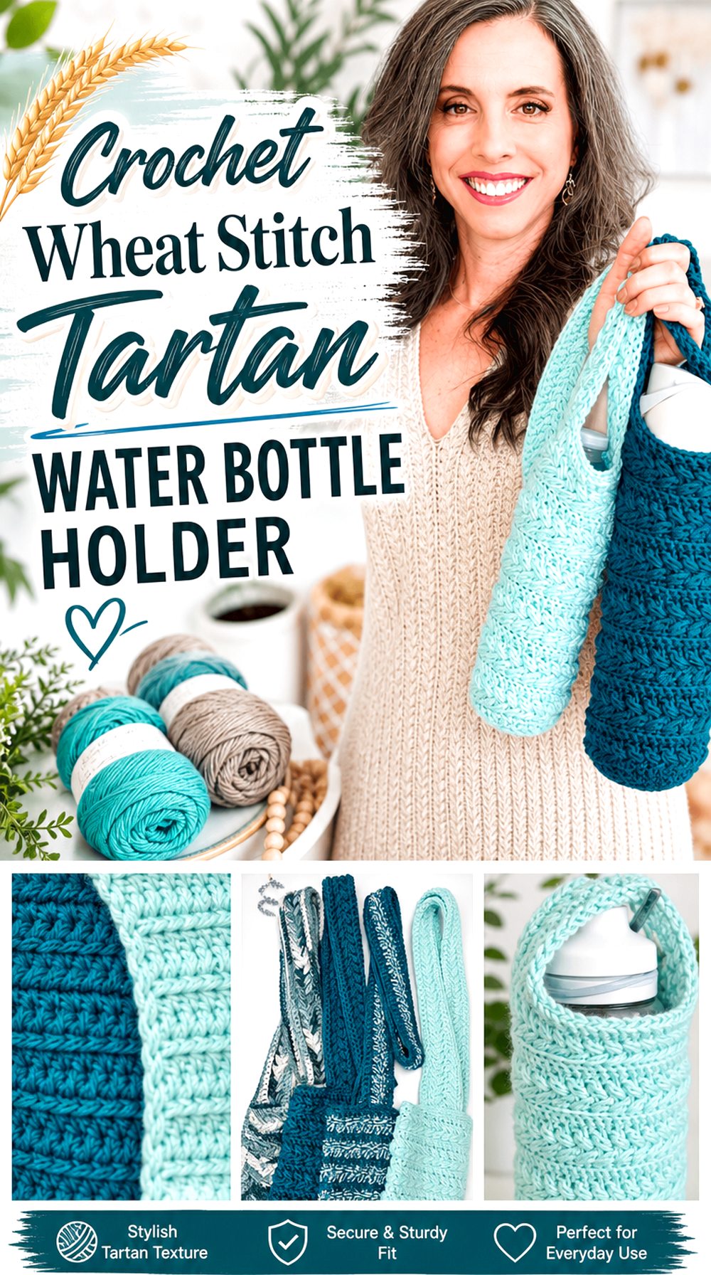 Crochet Wheat Stitch Tartan Water Bottle Holder