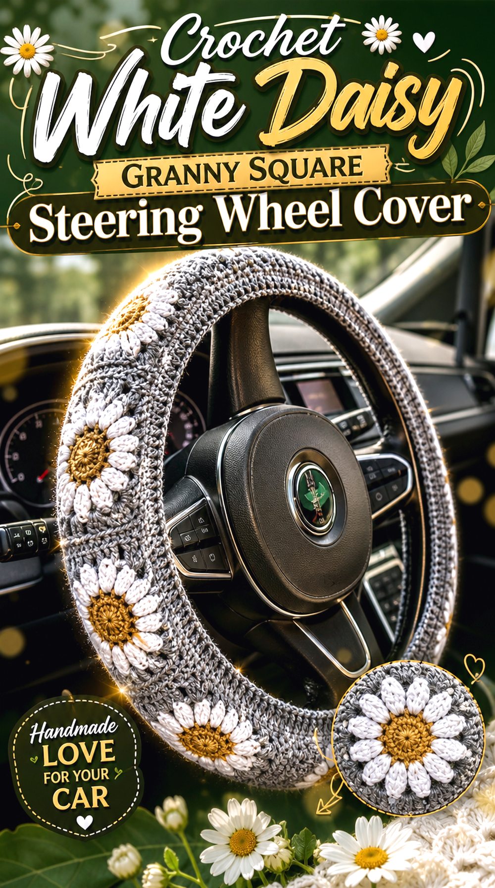 Crochet White Daisy Granny Square Steering Wheel Cover