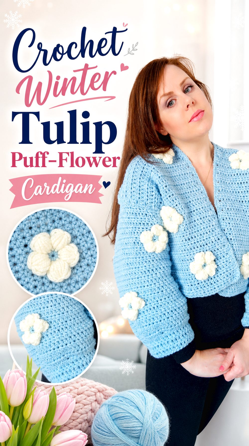 Crochet Winter Tulip Puff Flower Cardigan