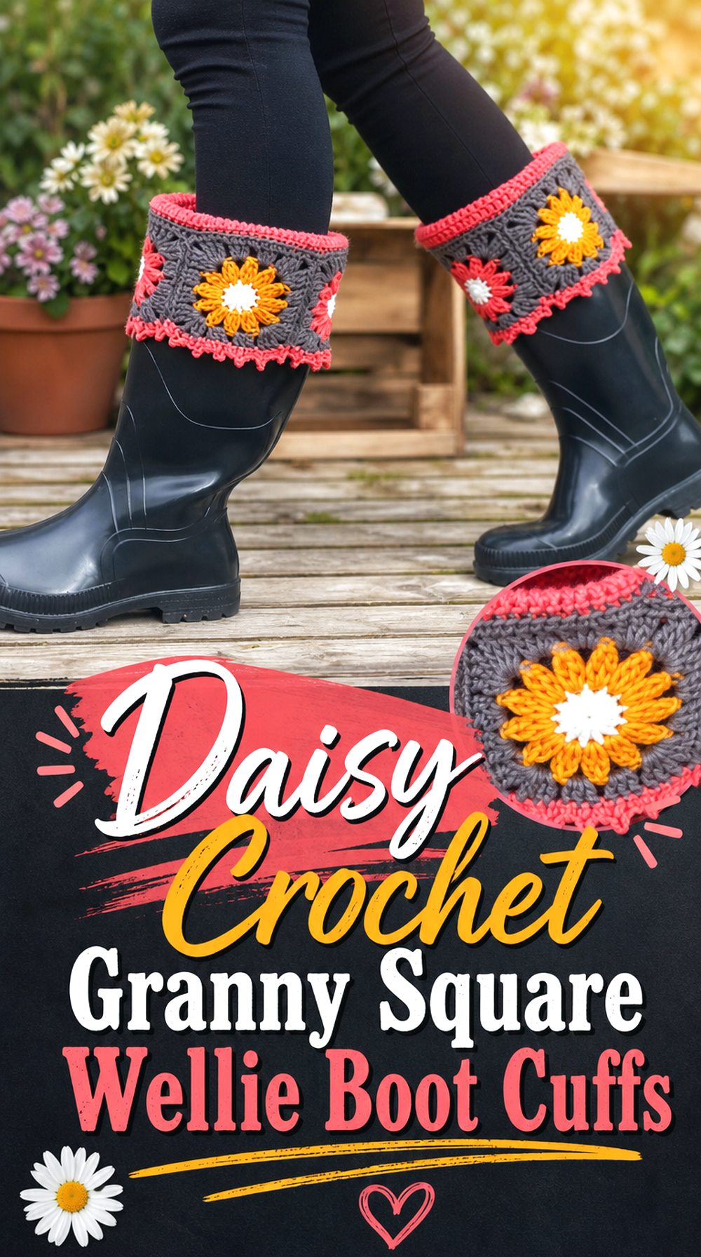 Daisy Crochet Granny Square Wellie Boot Cuffs