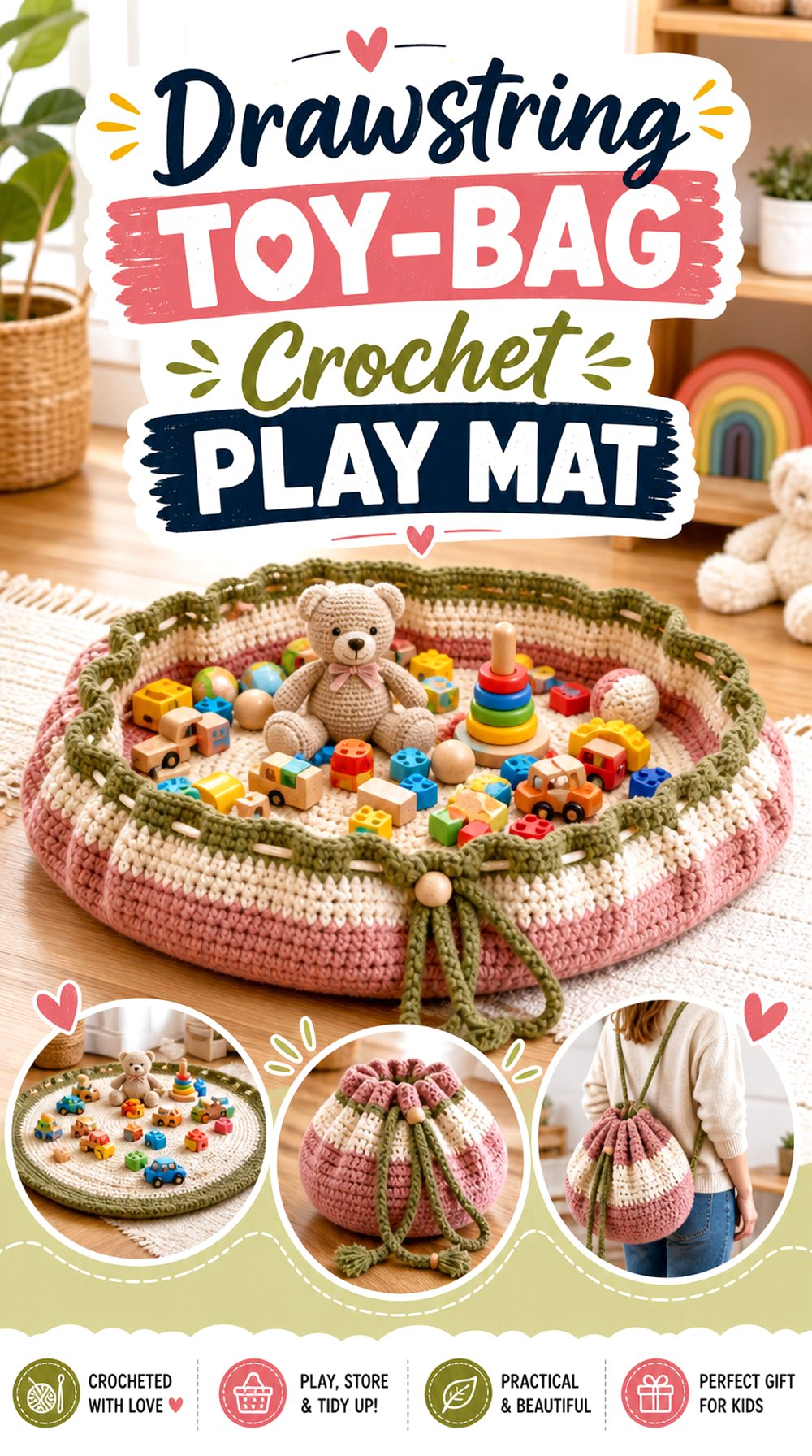 Drawstring Toy Bag Crochet Play Mat