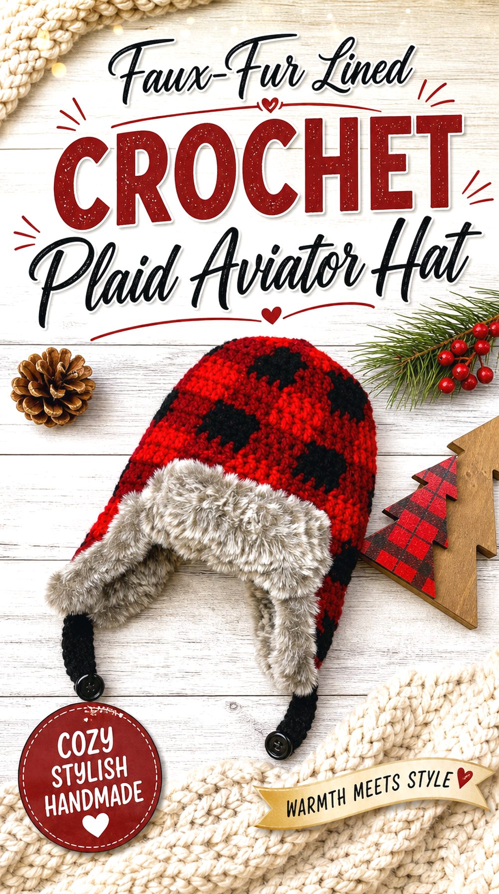 Faux Fur Lined Crochet Plaid Aviator Hat