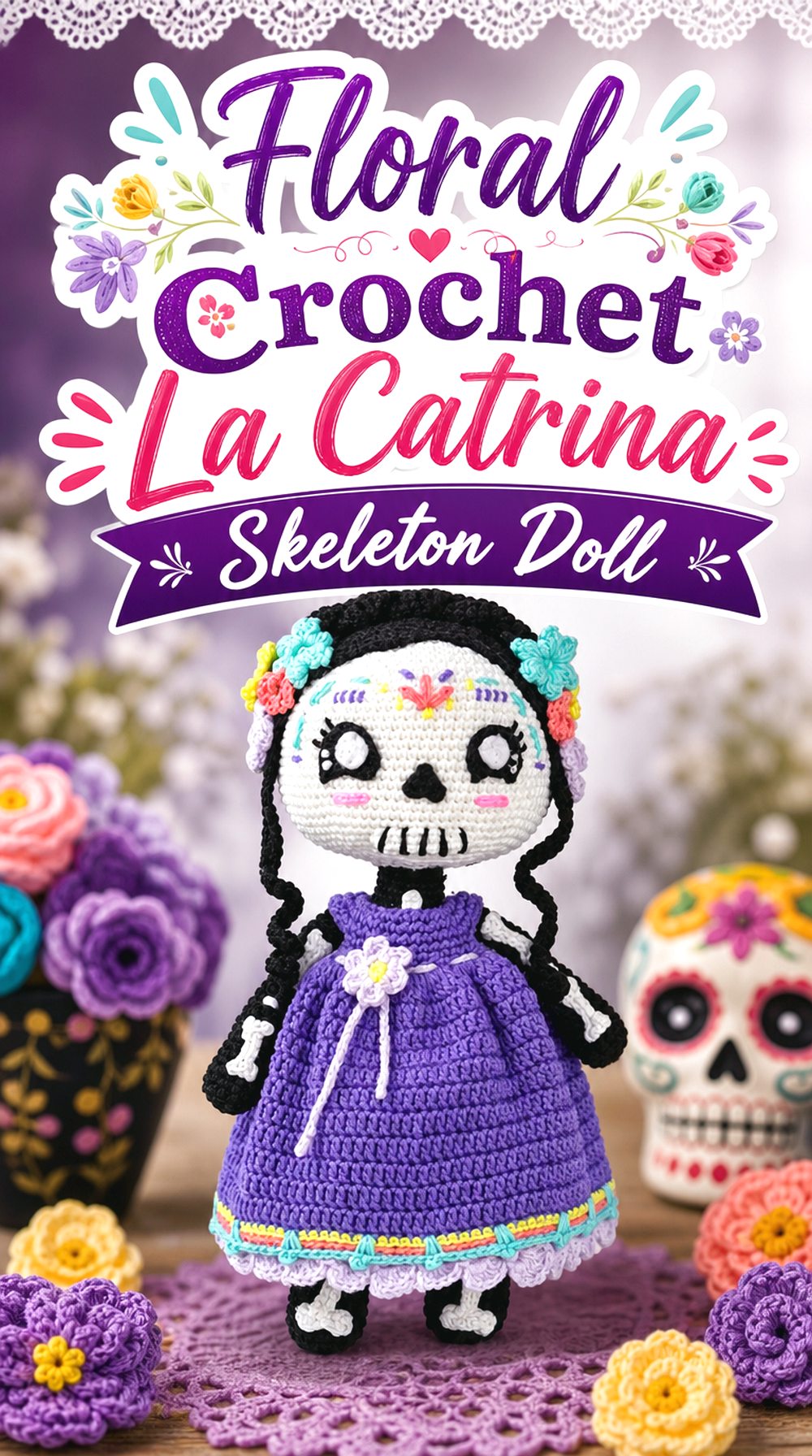 Floral Crochet La Catrina Skeleton Doll