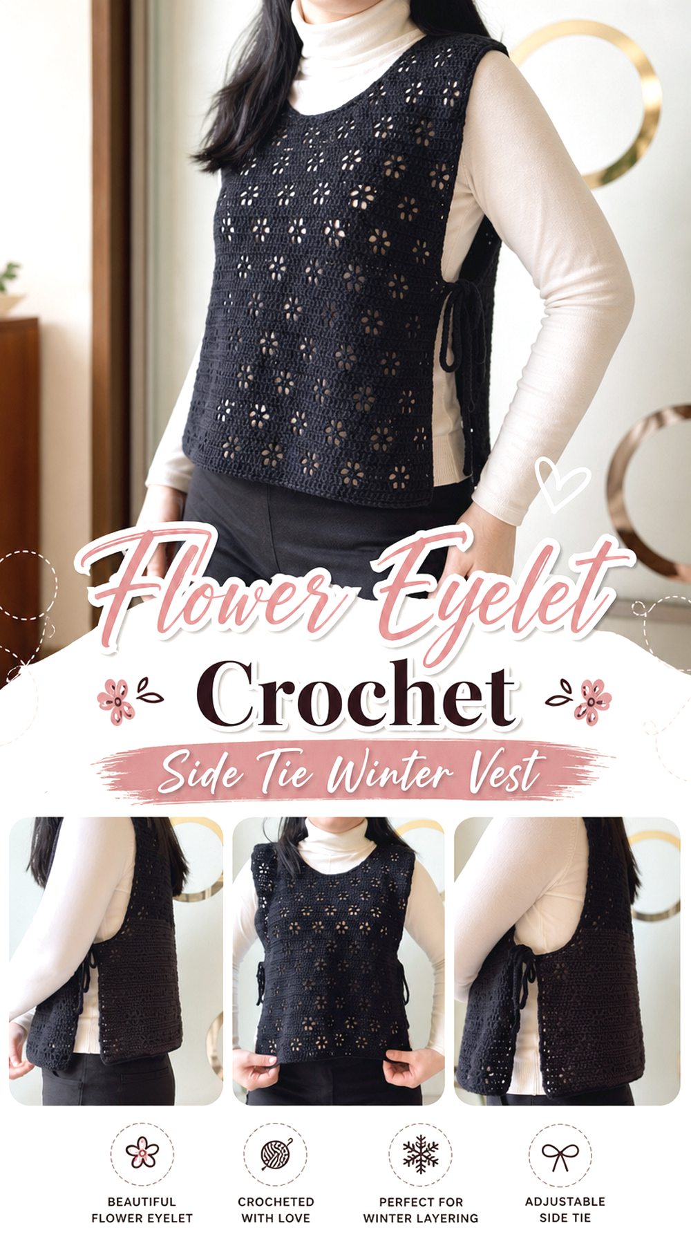 Flower Eyelet Crochet Side Tie Winter Vest