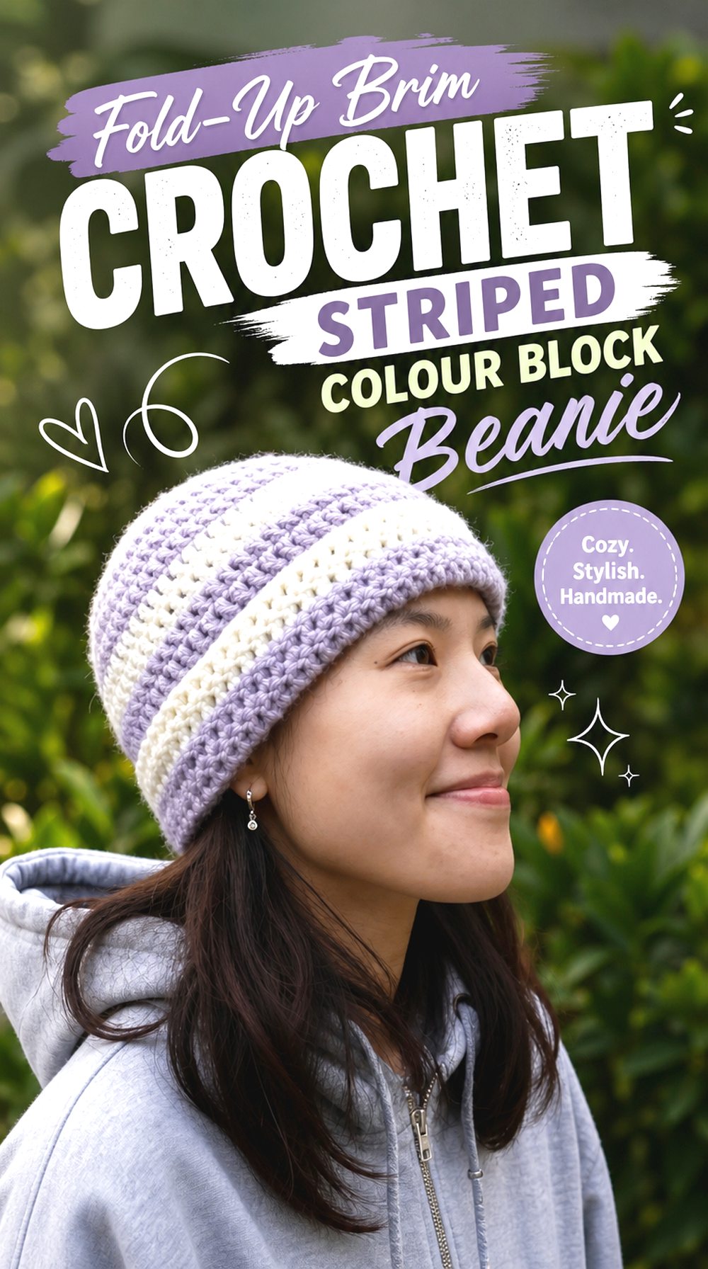 Fold Up Brim Crochet Striped Colour Block Beanie