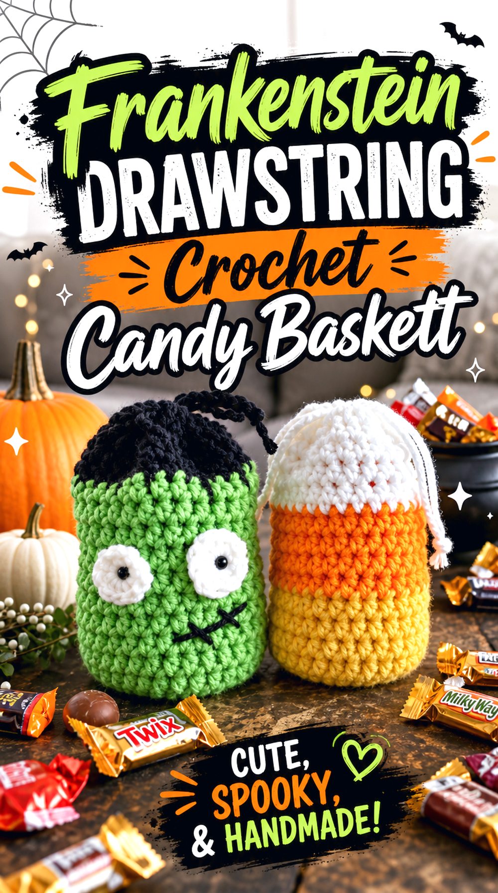 Frankenstein Drawstring Crochet Candy Basket