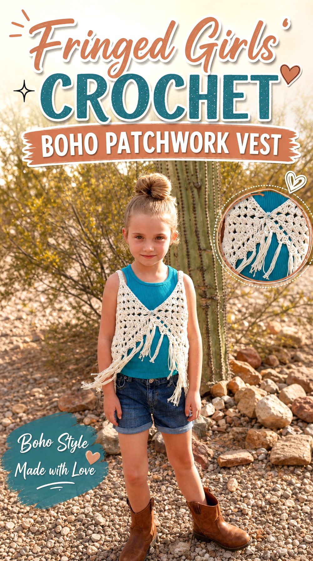 Fringed Girls’ Crochet Boho Patchwork Vest