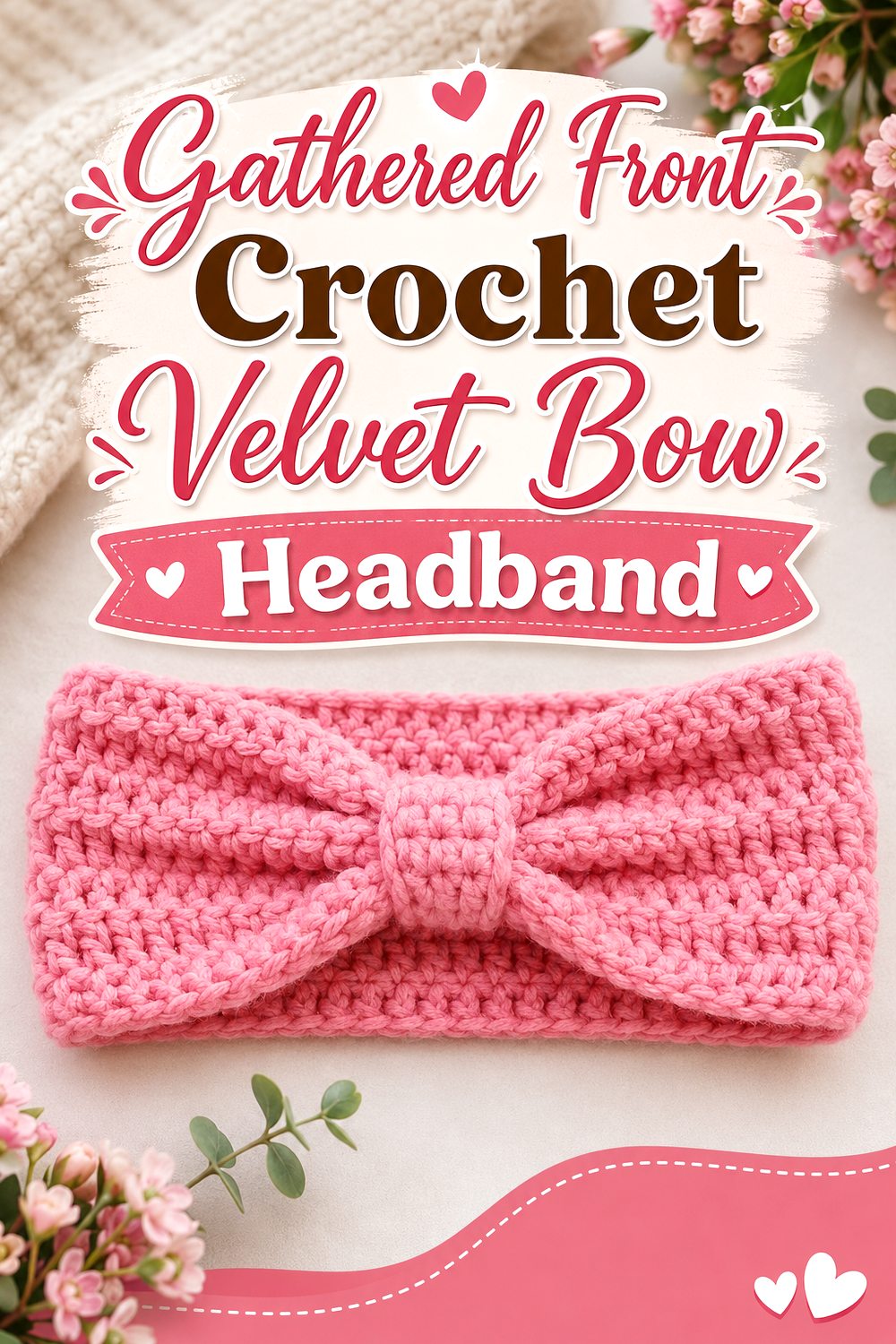 Gathered Front Crochet Velvet Bow Headband