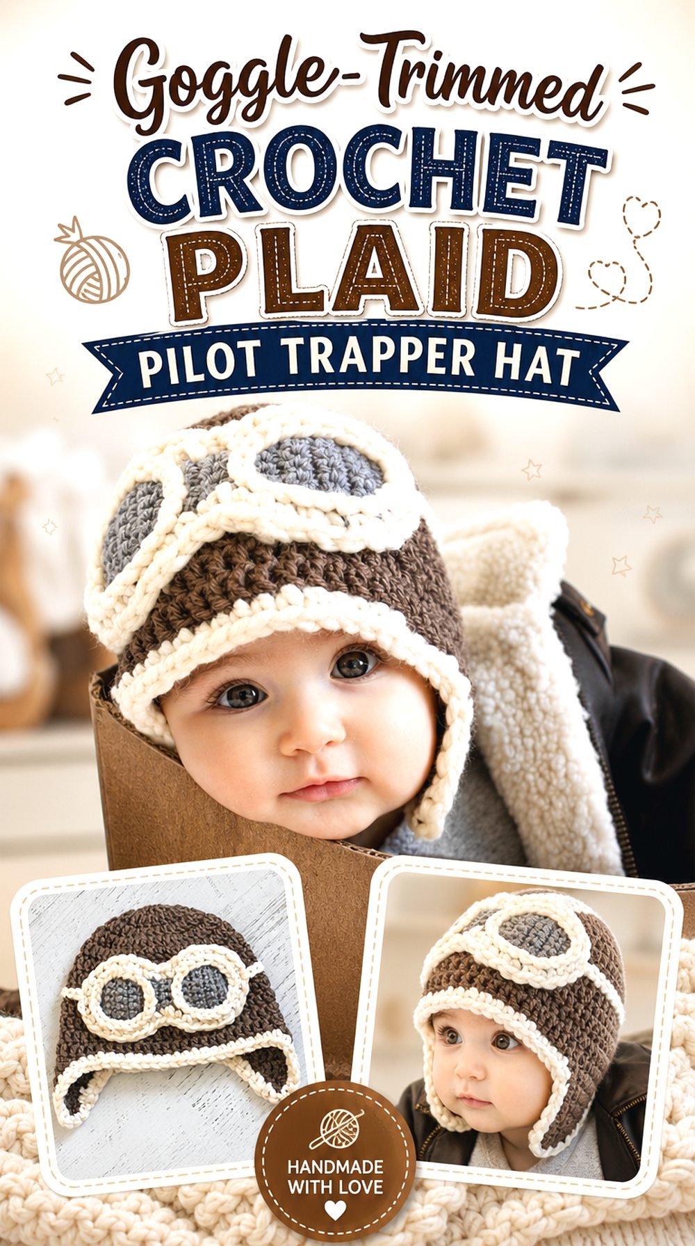 Goggle Trimmed Crochet Plaid Pilot Trapper Hat