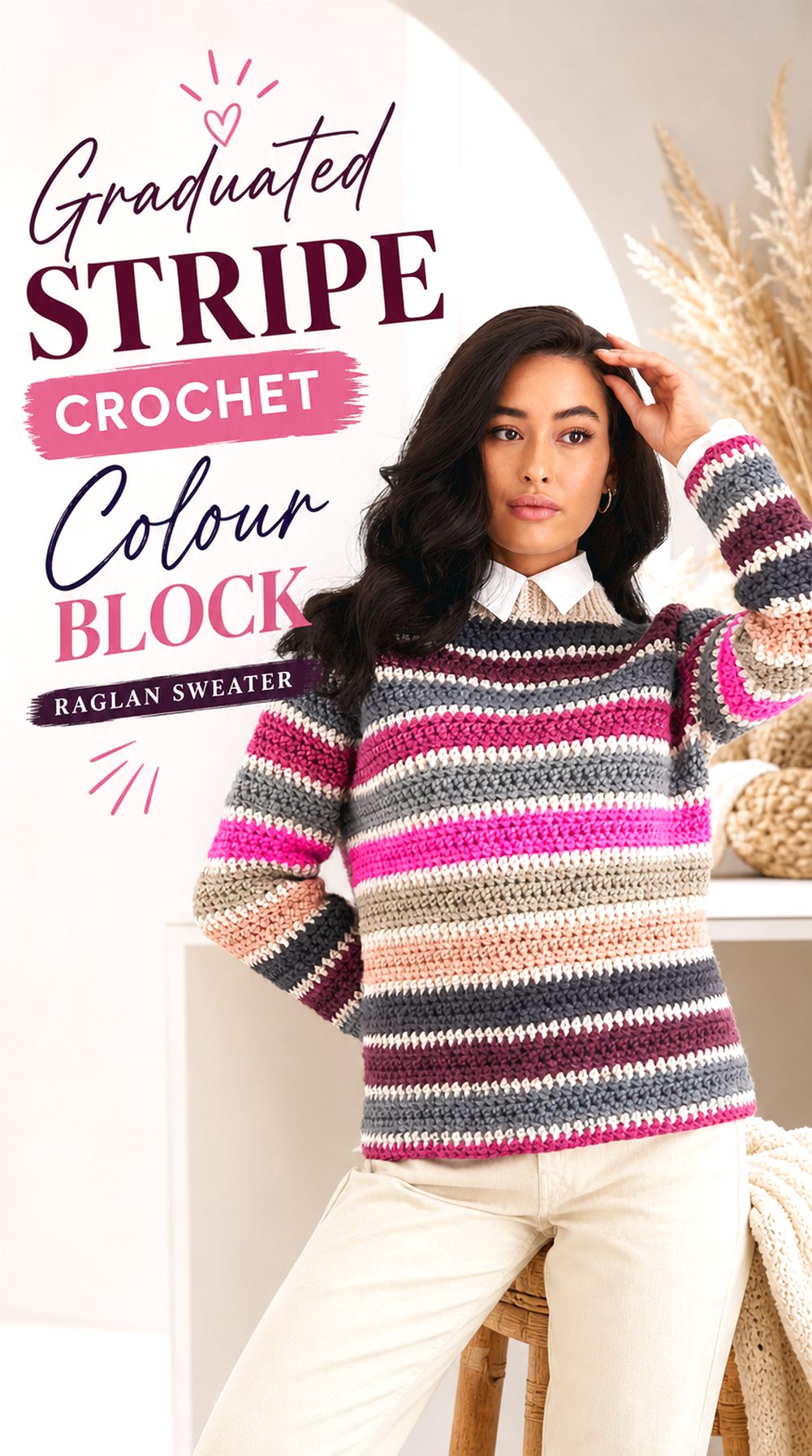 Graduated Stripe Crochet Colour Block Raglan Sweater