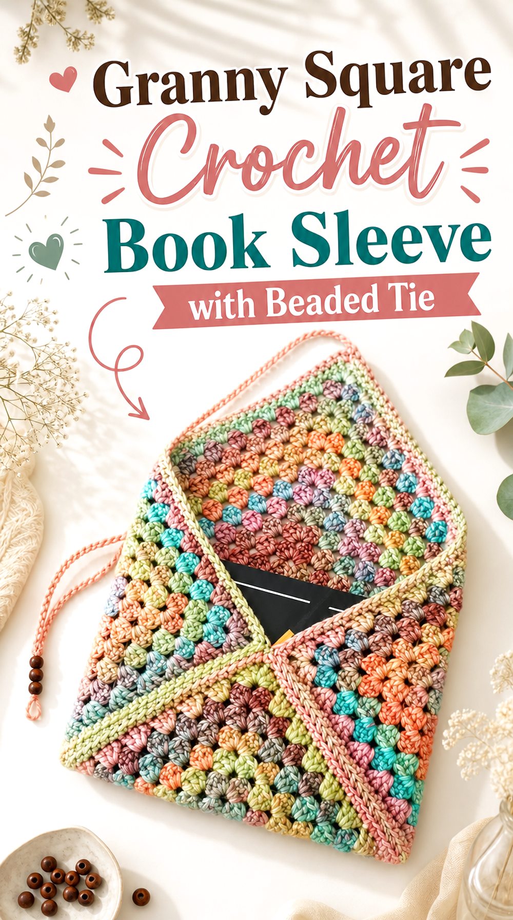 Granny Square Crochet Book Sleeve with Beaded Tie