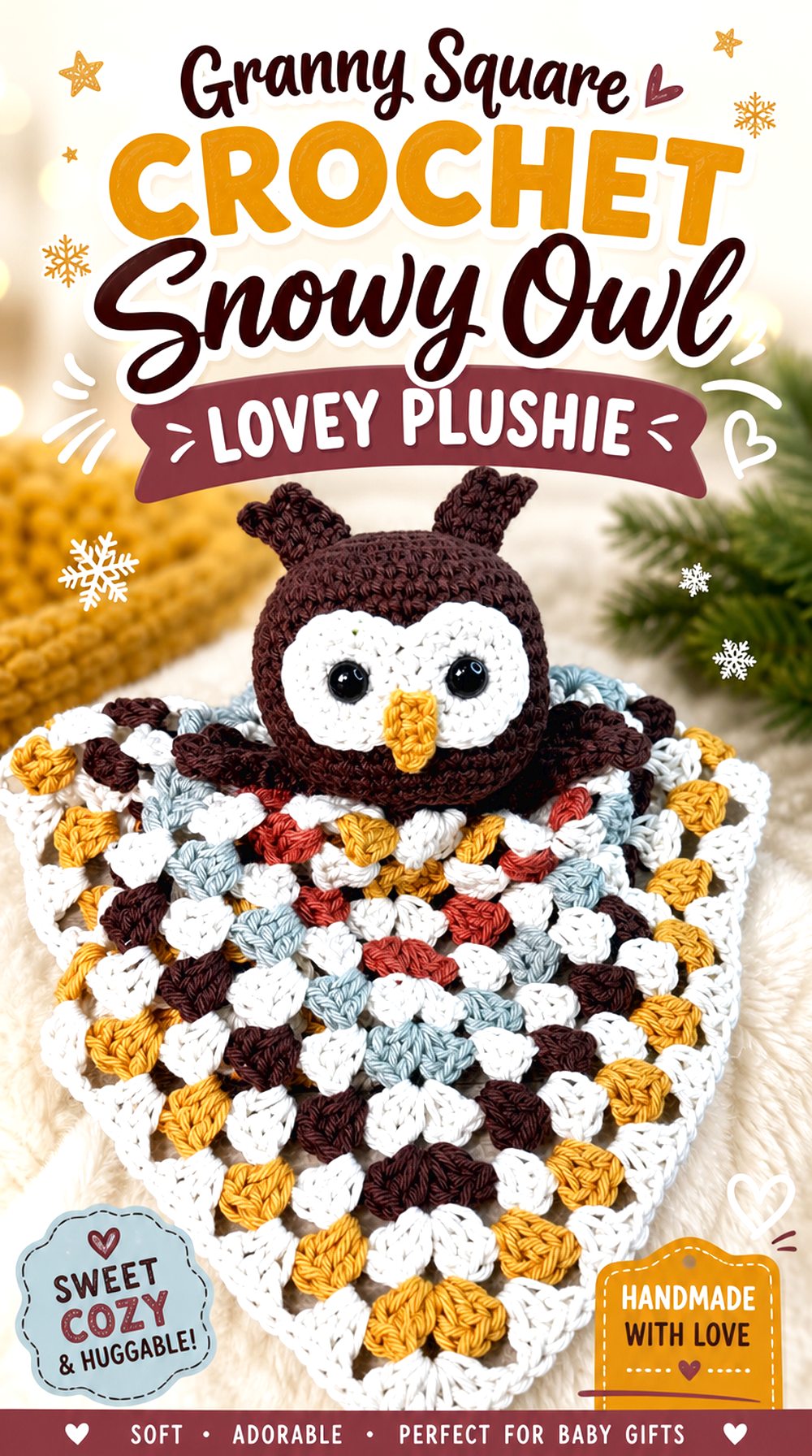 Granny Square Crochet Snowy Owl Lovey Plushie