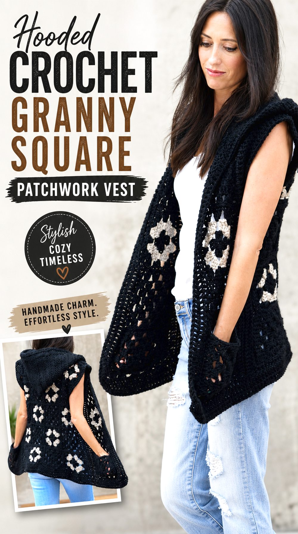 Hooded Crochet Granny Square Patchwork Vest