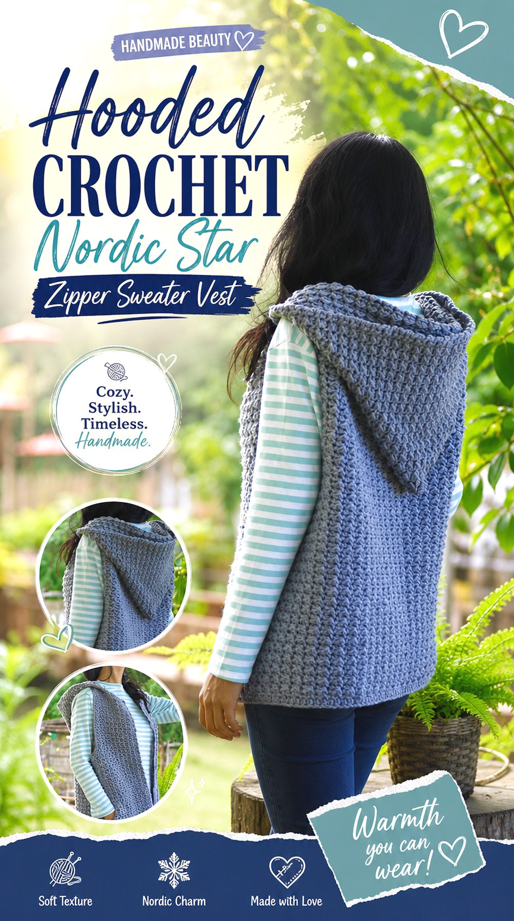 Hooded Crochet Nordic Star Zipper Sweater Vest