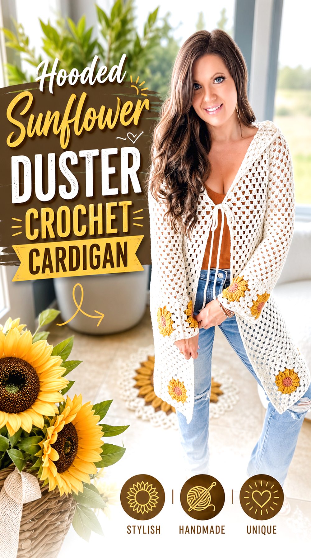 Hooded Sunflower Duster Crochet Cardigan