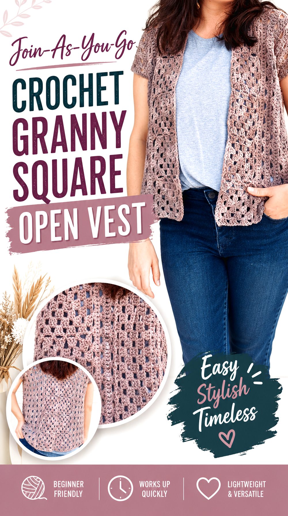 Join As You Go Crochet Granny Square Open Vest