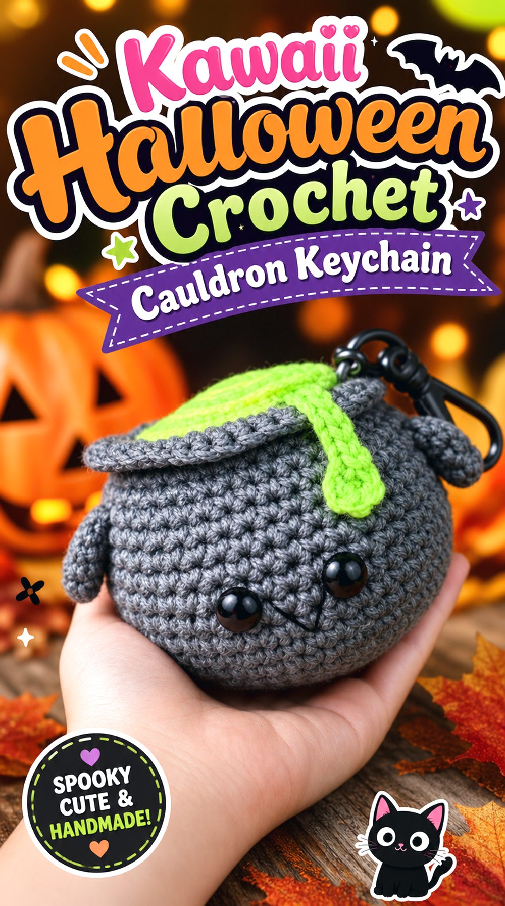 Kawaii Halloween Crochet Cauldron Keychain