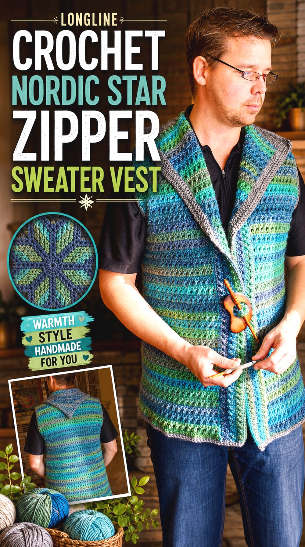 Longline Crochet Nordic Star Zipper Sweater Vest