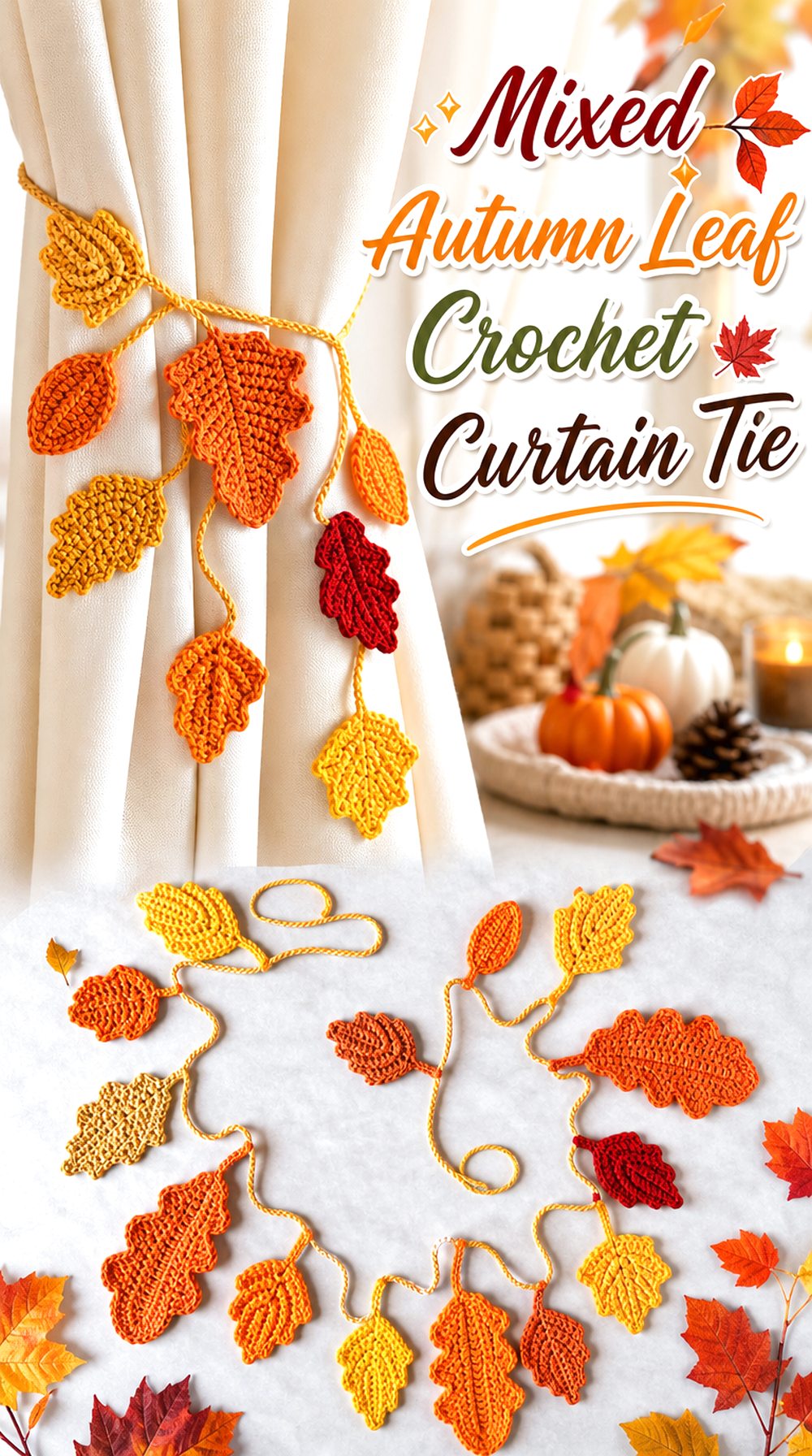 Mixed Autumn Leaf Crochet Curtain Tie