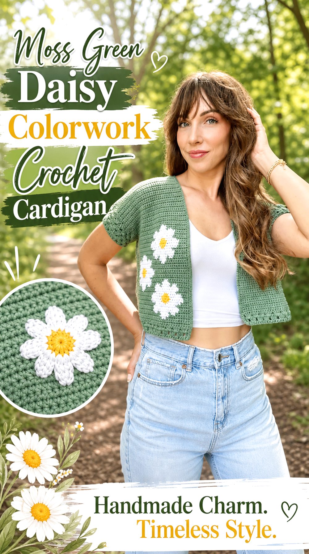 Moss Green Daisy Colorwork Crochet Cardigan
