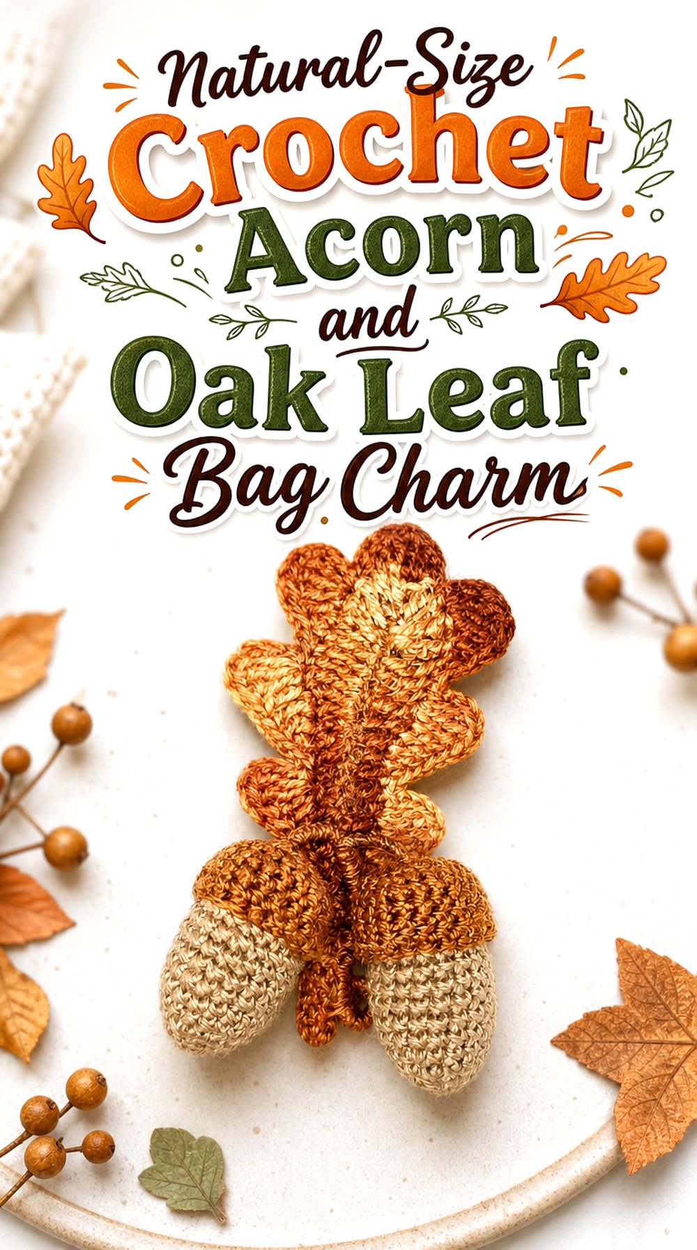 Natural Size Crochet Acorn and Oak Leaf Bag Charm