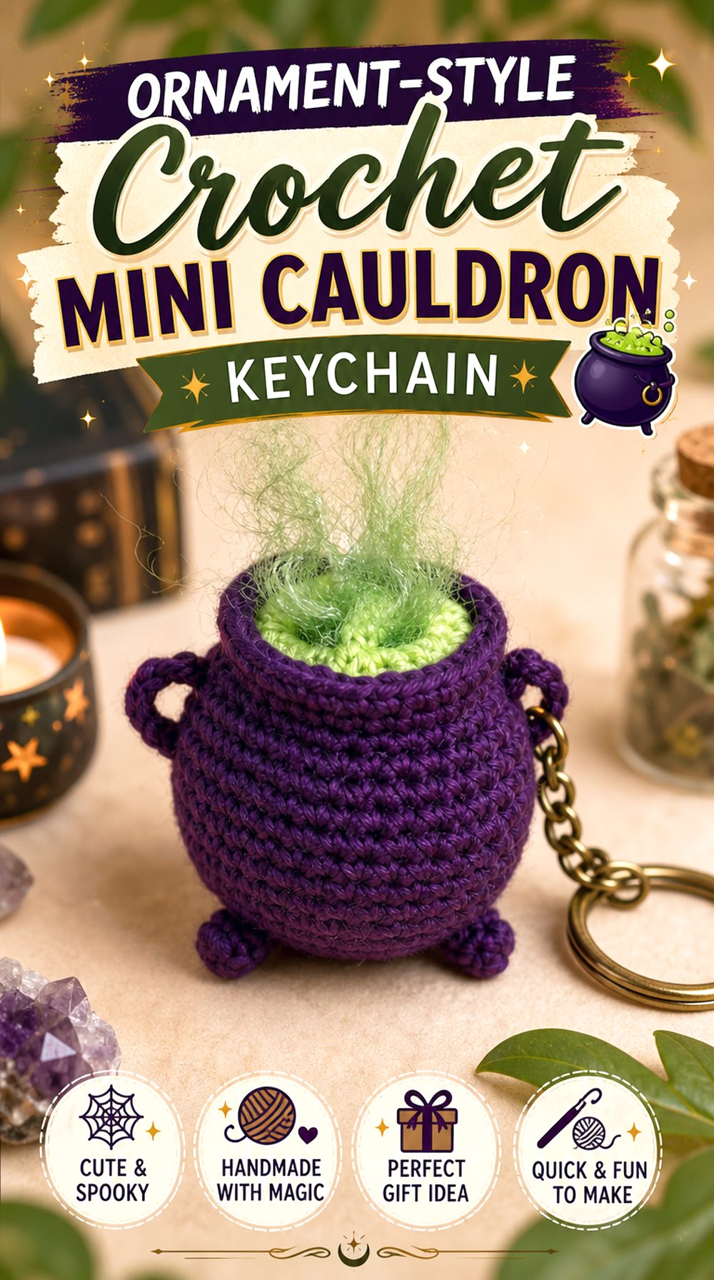 Ornament Style Crochet Mini Cauldron Keychain