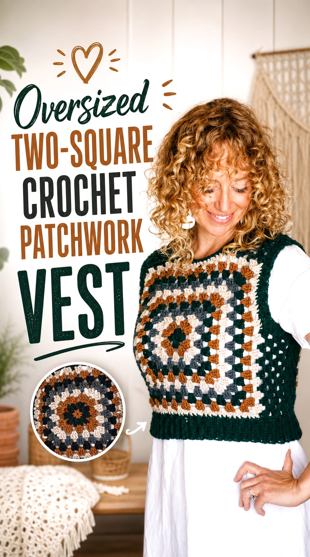 Oversized Two Square Crochet Patchwork Vest