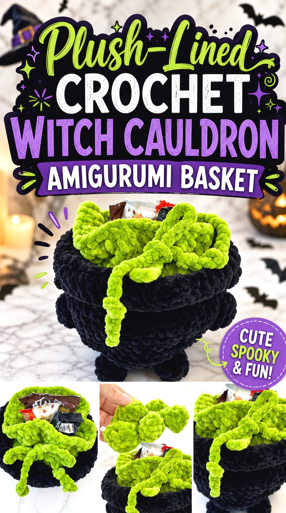 Plush Lined Crochet Witch Cauldron Amigurumi Basket