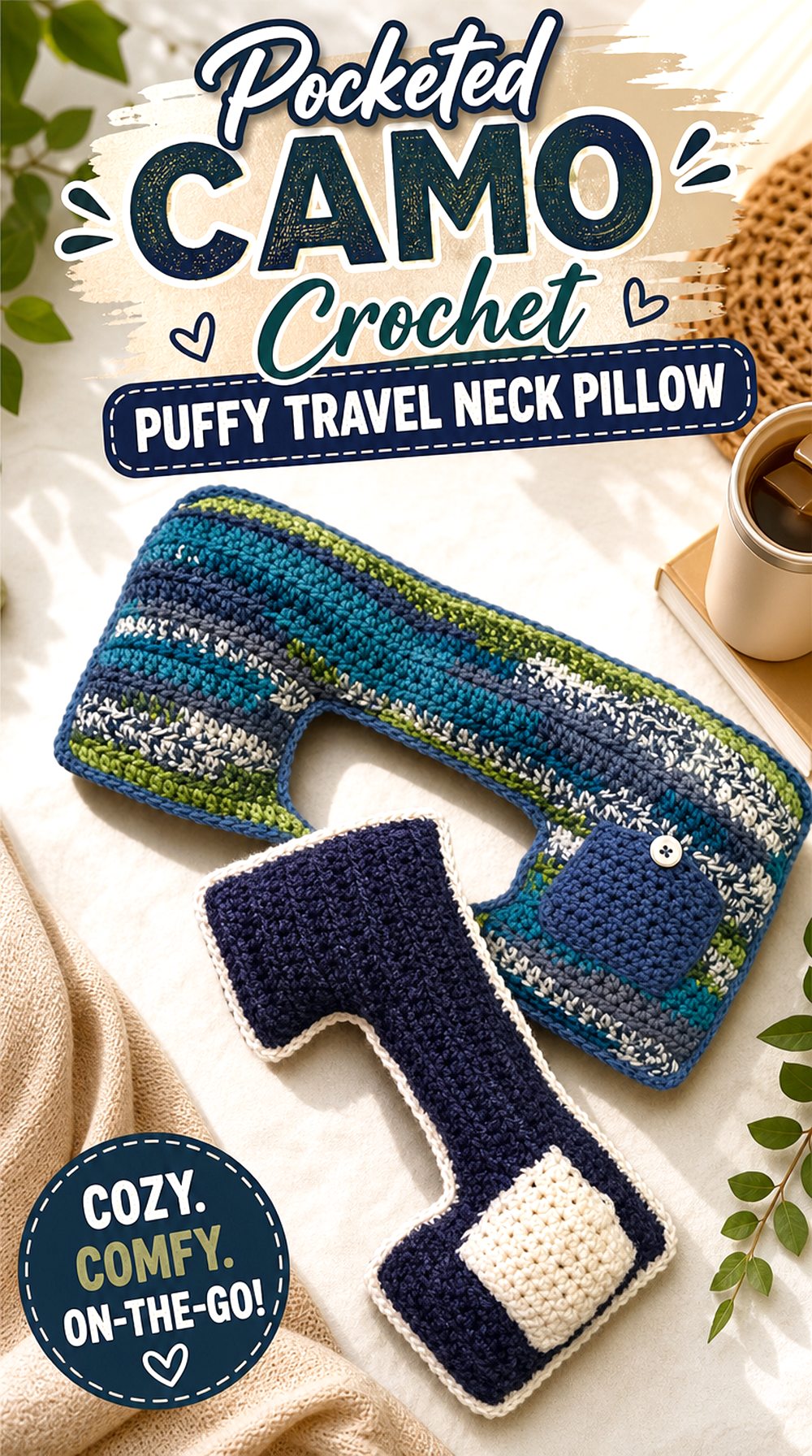 Pocketed Camo Crochet Puffy Travel Neck Pillow