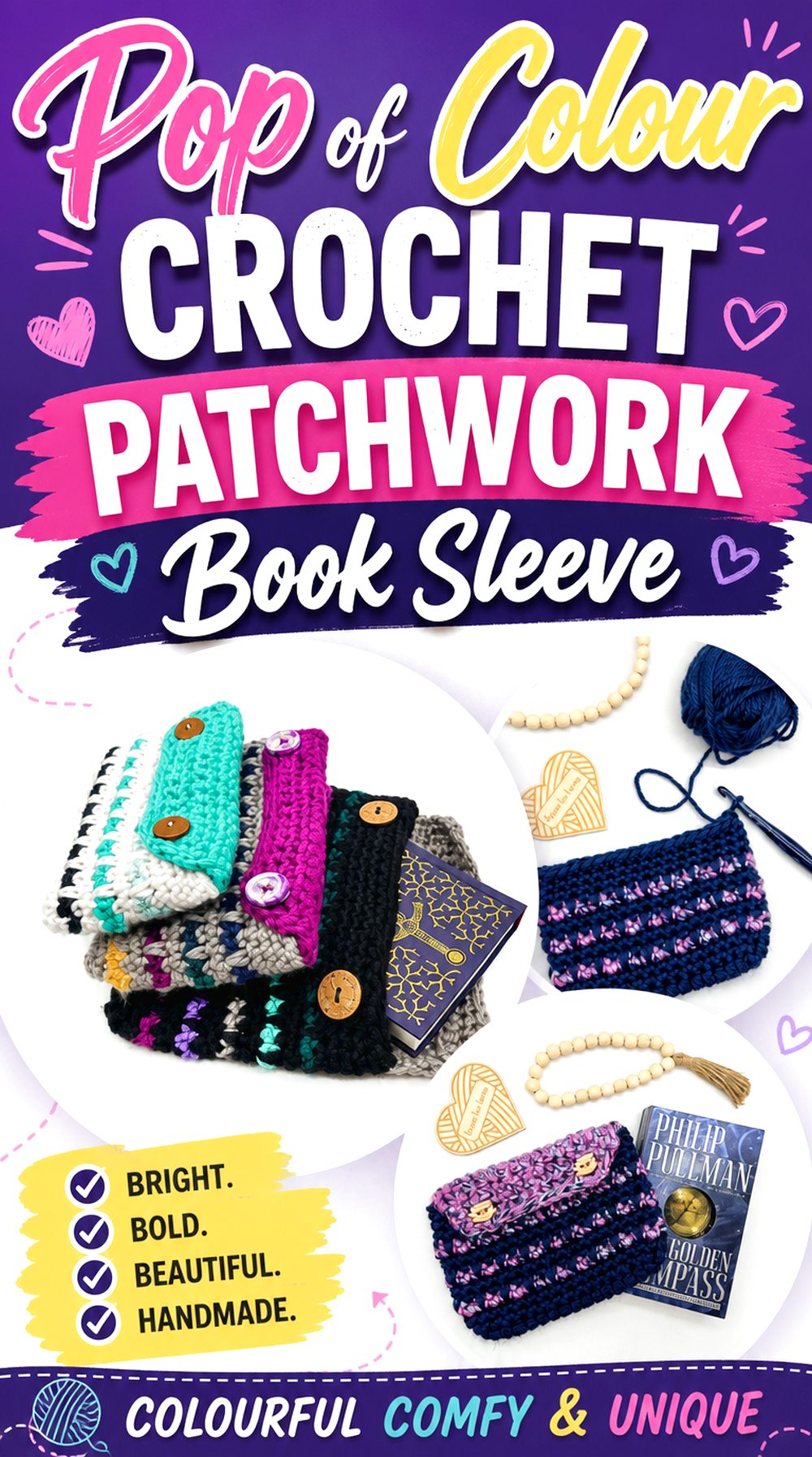 Pop of Colour Crochet Patchwork Book Sleeve
