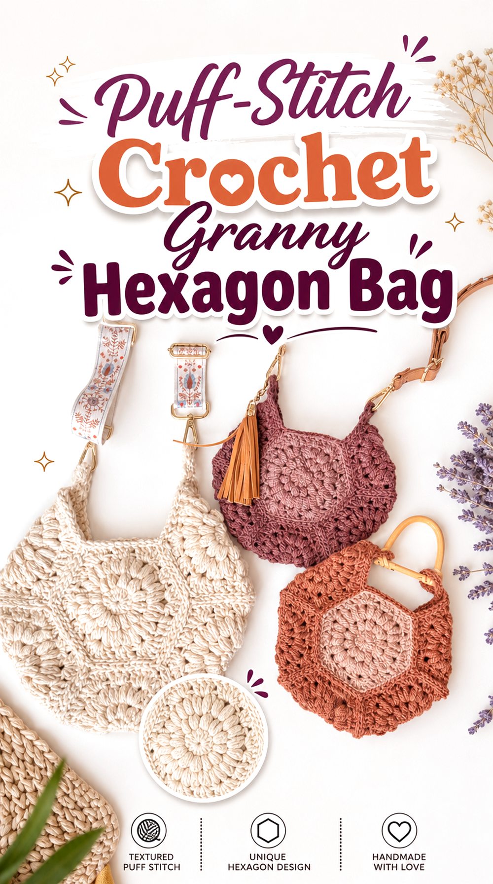 Puff Stitch Crochet Granny Hexagon Bag