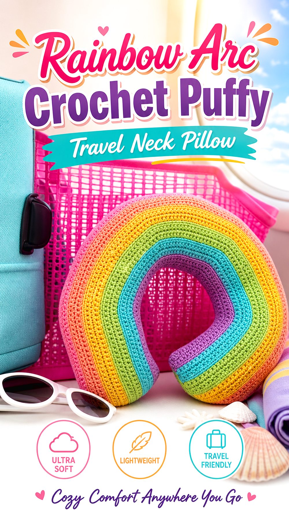 Rainbow Arc Crochet Puffy Travel Neck Pillow