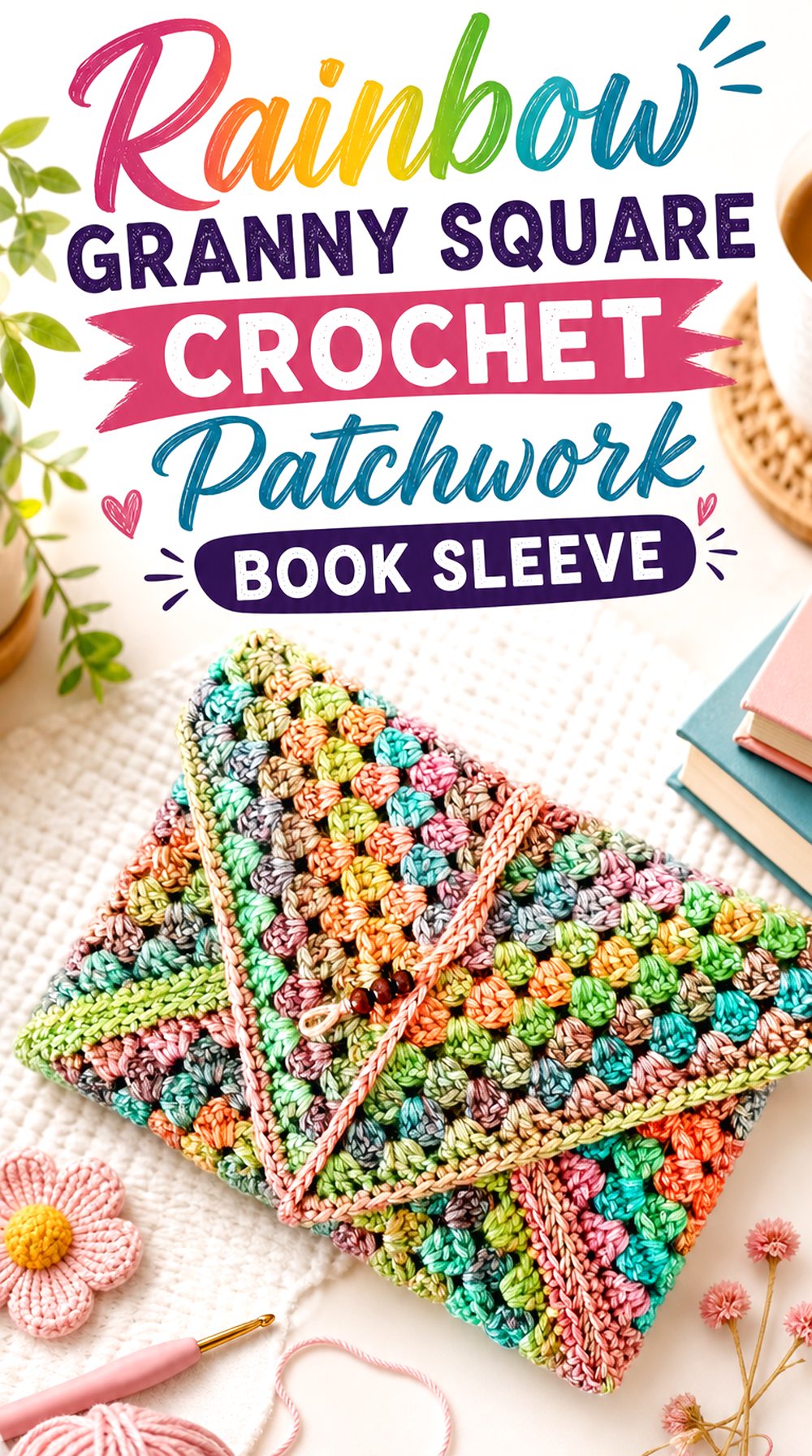 Rainbow Granny Square Crochet Patchwork Book Sleeve