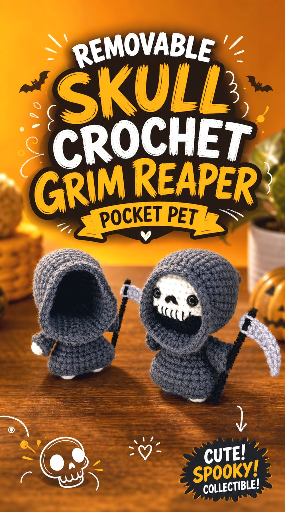 Removable Skull Crochet Grim Reaper Pocket Pet