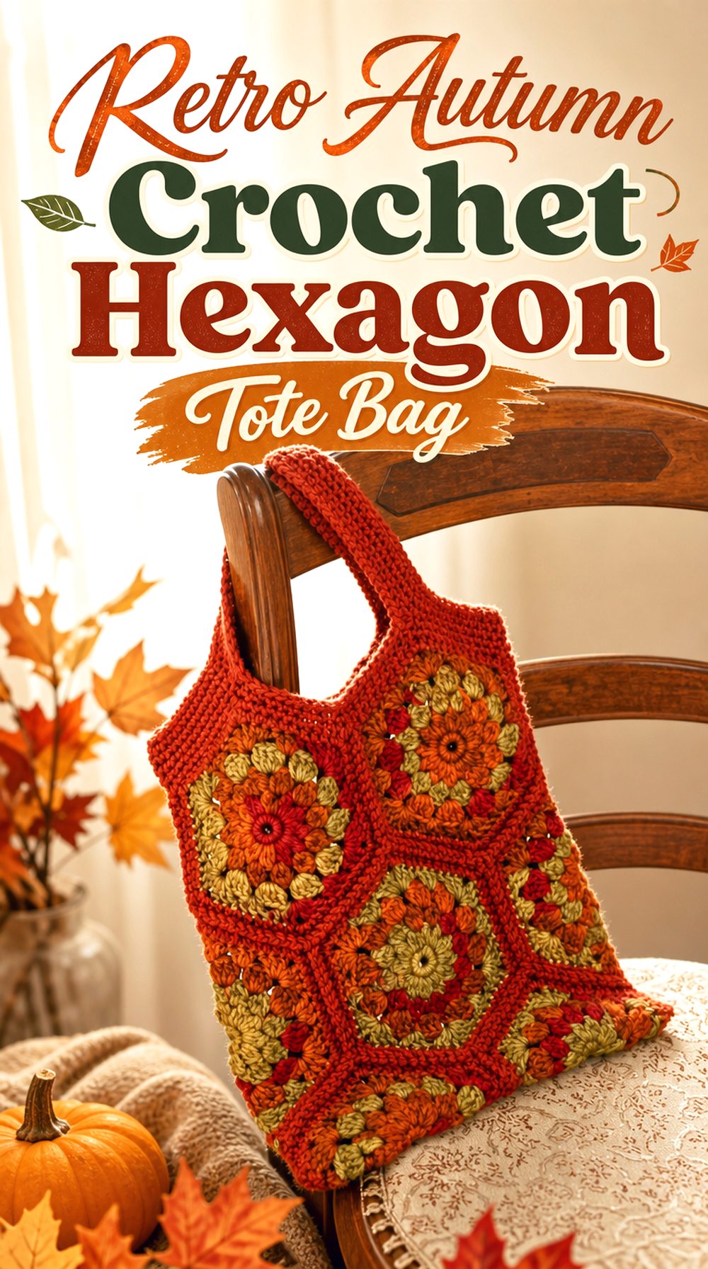 Retro Autumn Crochet Hexagon Tote Bag