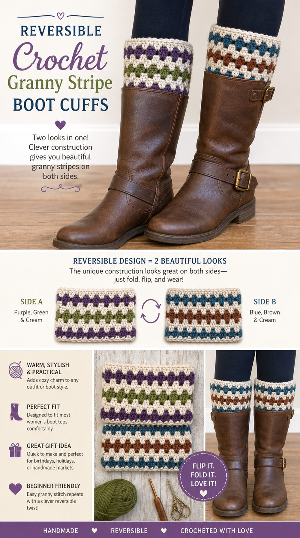 Reversible Crochet Granny Stripe Boot Cuffs