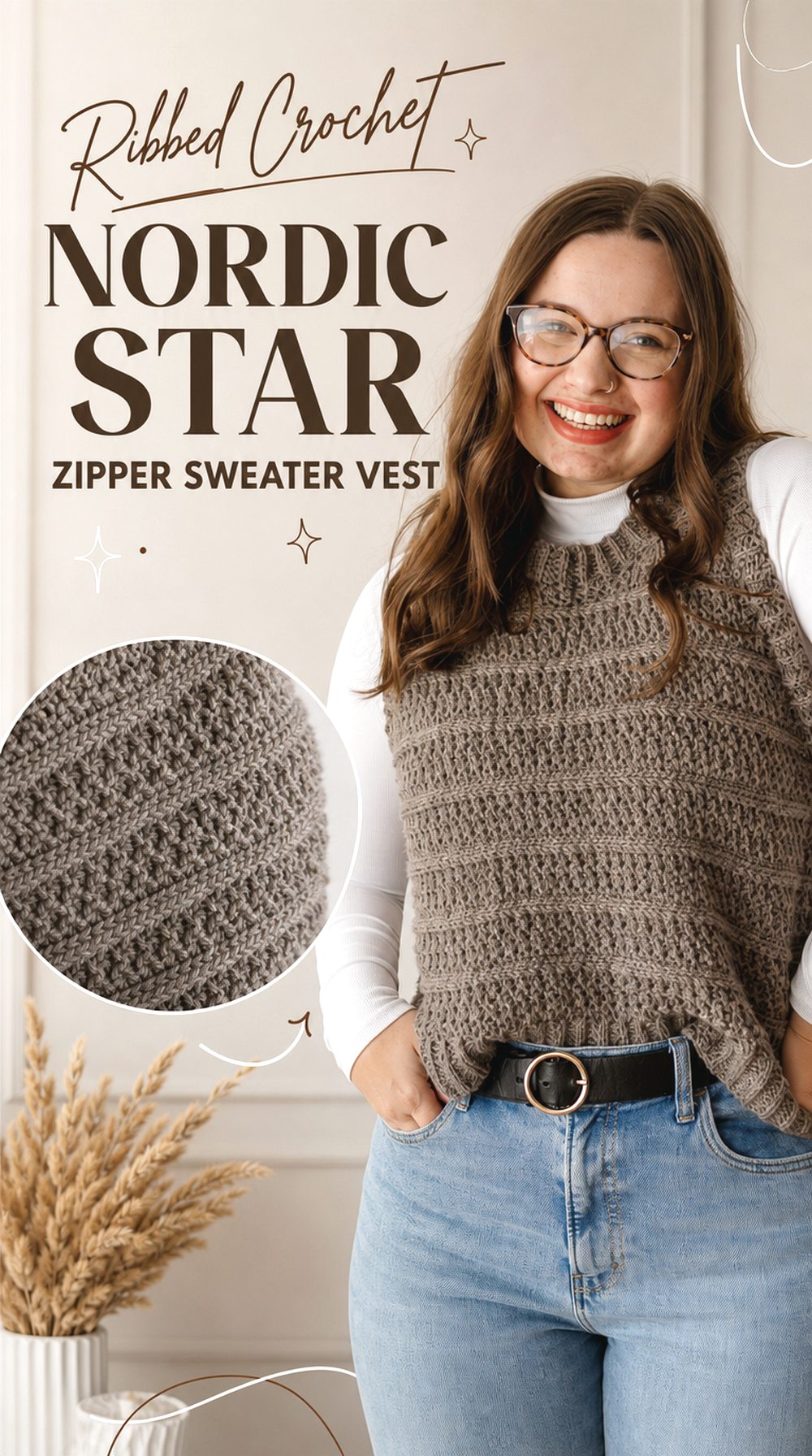 Ribbed Crochet Nordic Star Zipper Sweater Vest