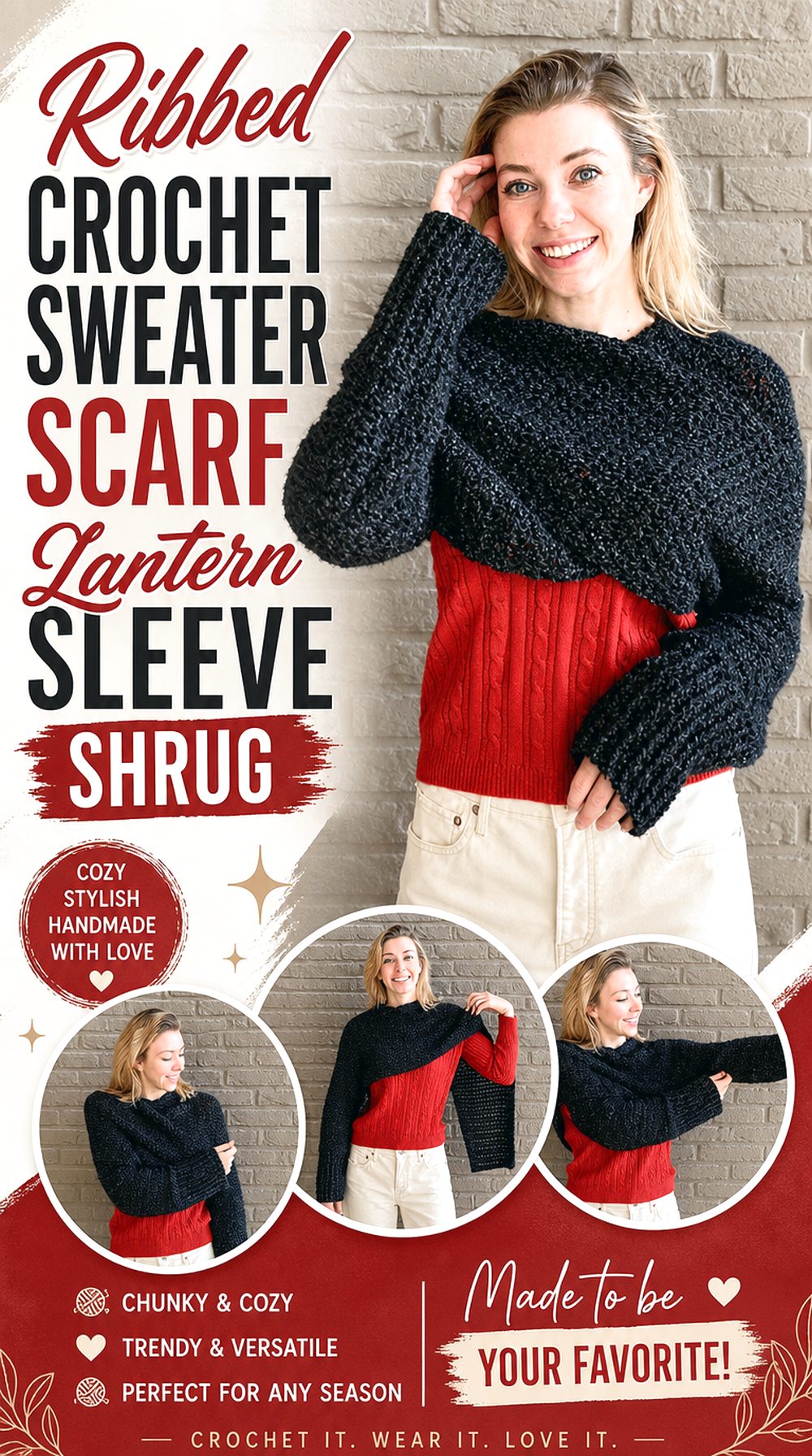 Ribbed Crochet Sweater Scarf Lantern Sleeve Shrug