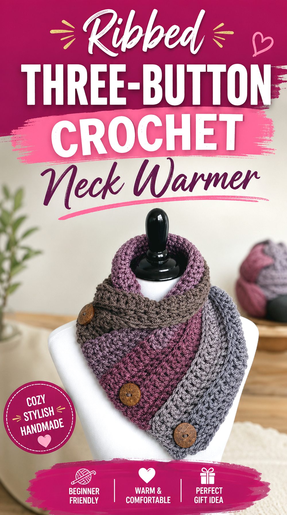 Ribbed Three Button Crochet Neck Warmer