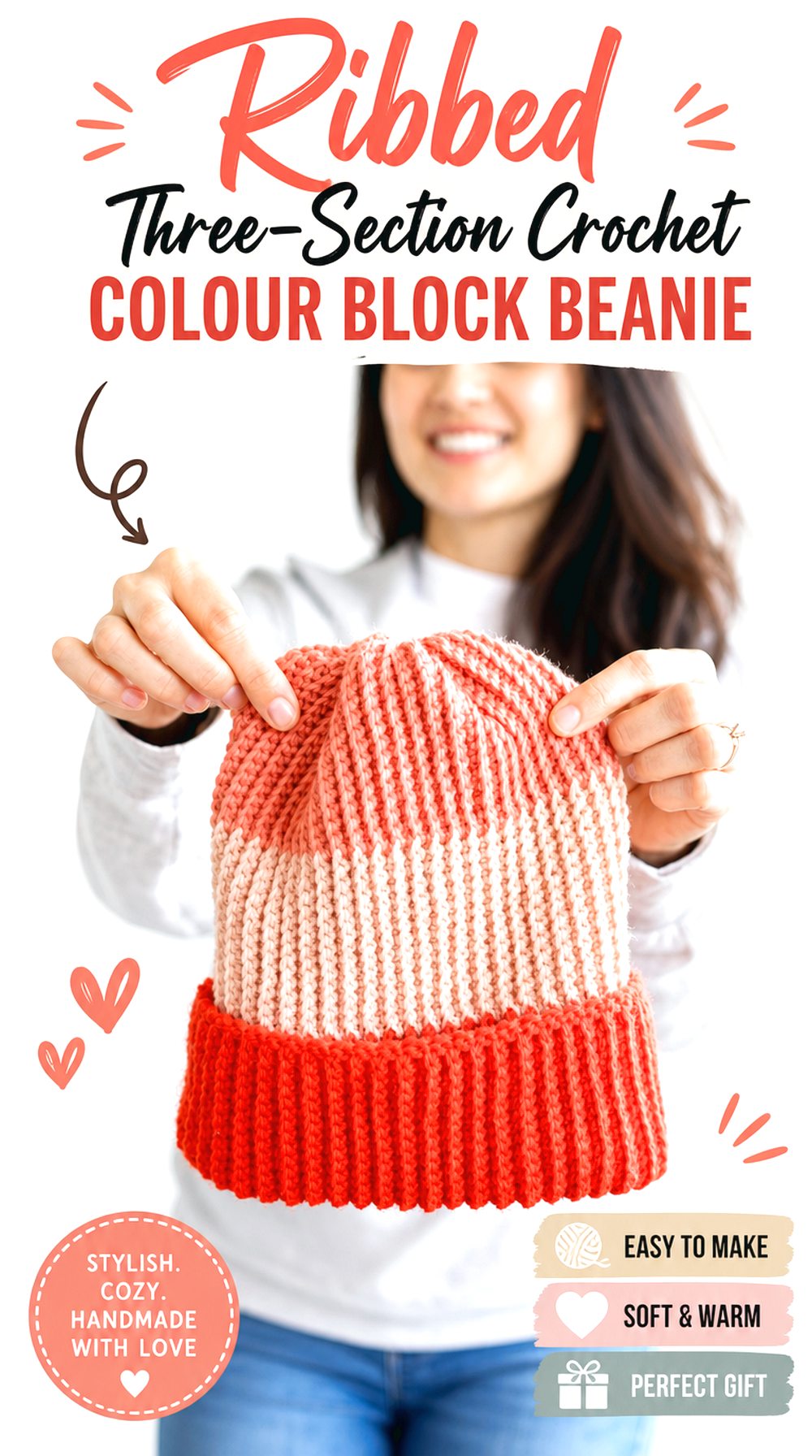Ribbed Three Section Crochet Colour Block Beanie