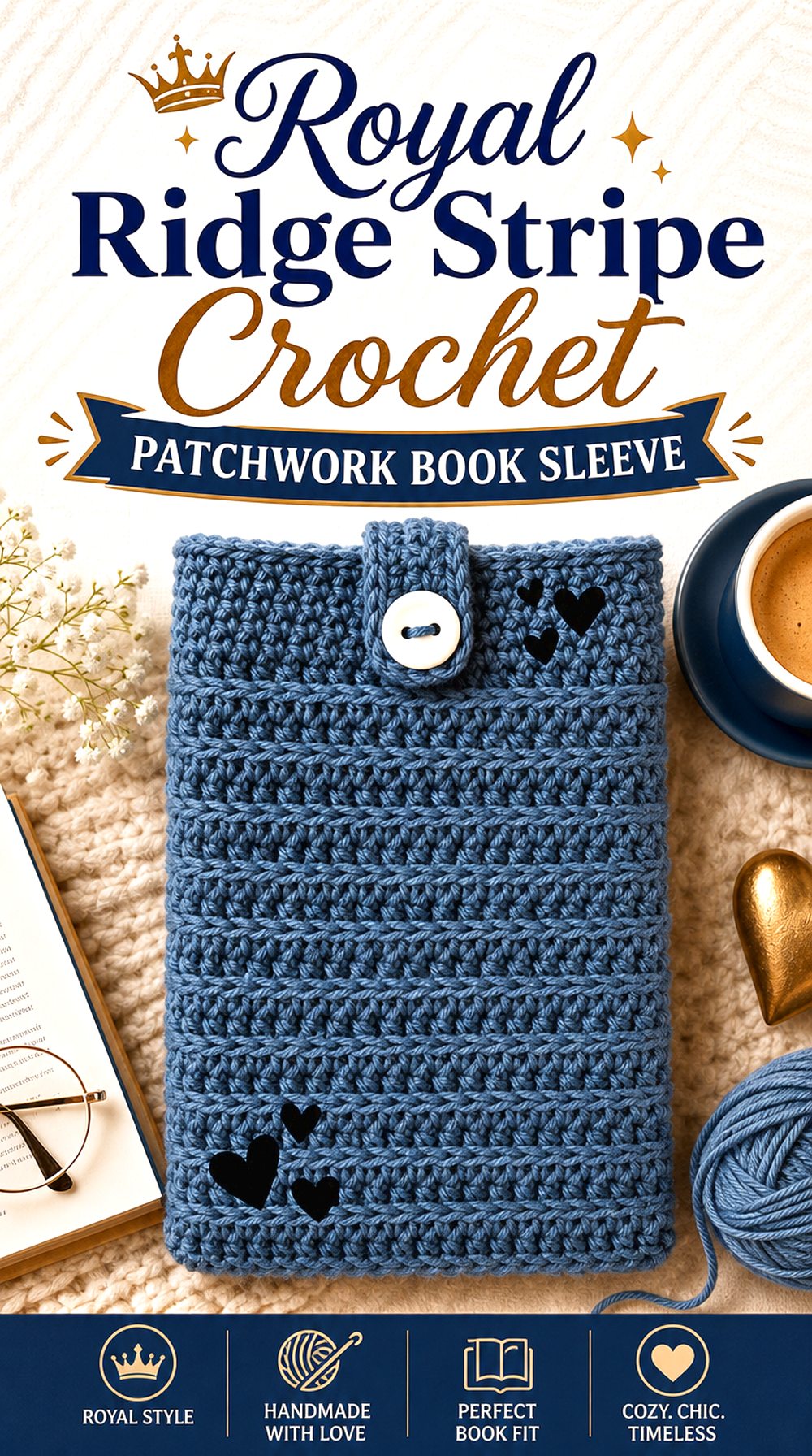 Royal Ridge Stripe Crochet Patchwork Book Sleeve